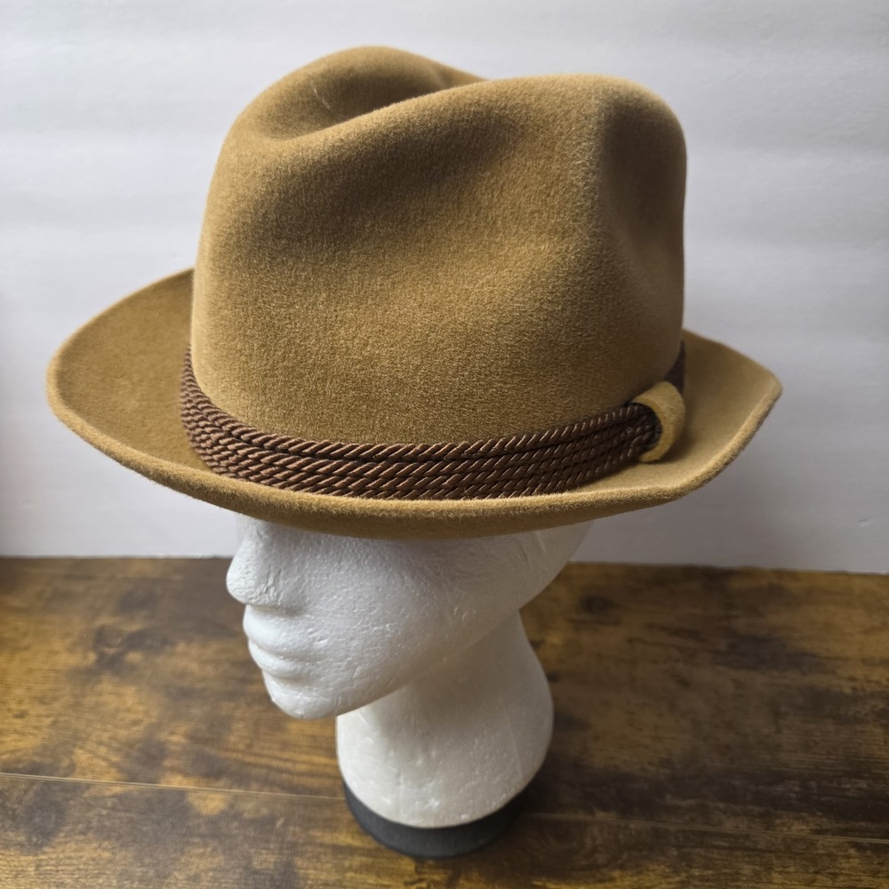 Vntg Dobbs Fifth Avenue Camel Tan Wool Felt Fedora Hat 7 3/8 Rope Band Alpine